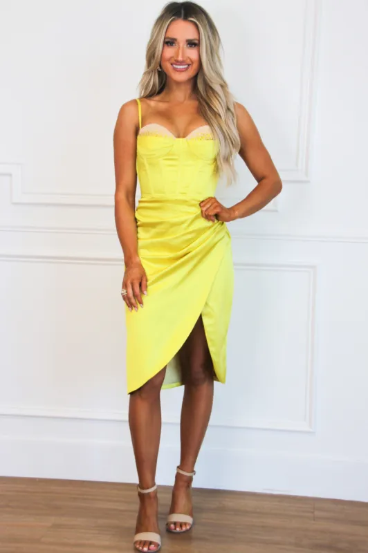 Nyla Embellished Bustier Midi Dress: Lemon sold by Bella and Bloom