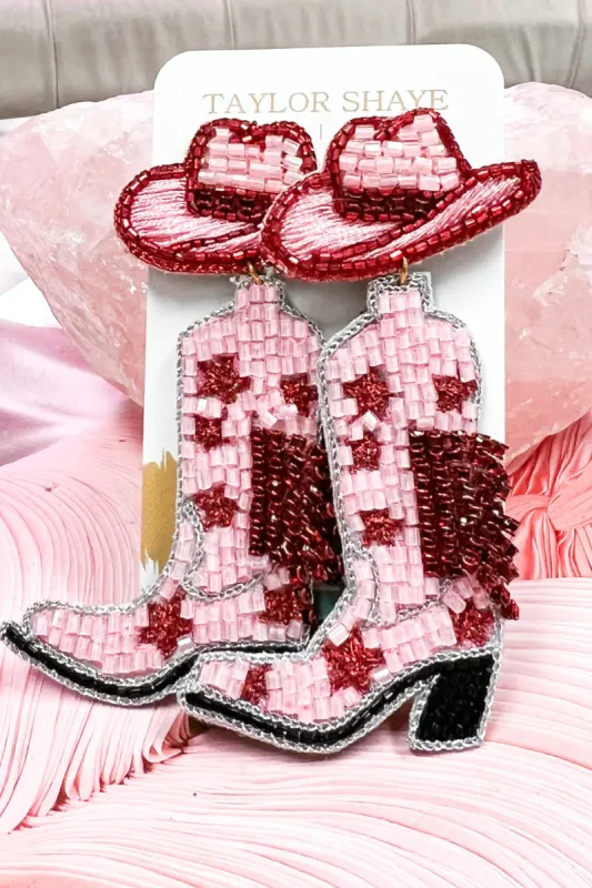 Beaded Cowboy Boot Earrings - TAYLOR SHAYE: Fuchsia/Light Pink sold by Bella and Bloom
