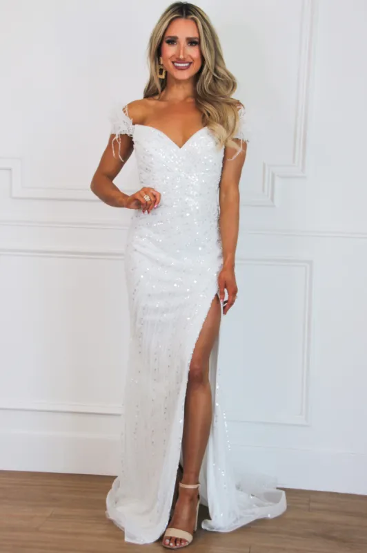 Edith Beaded Off Shoulder Feather Formal Dress: White sold by Bella and Bloom