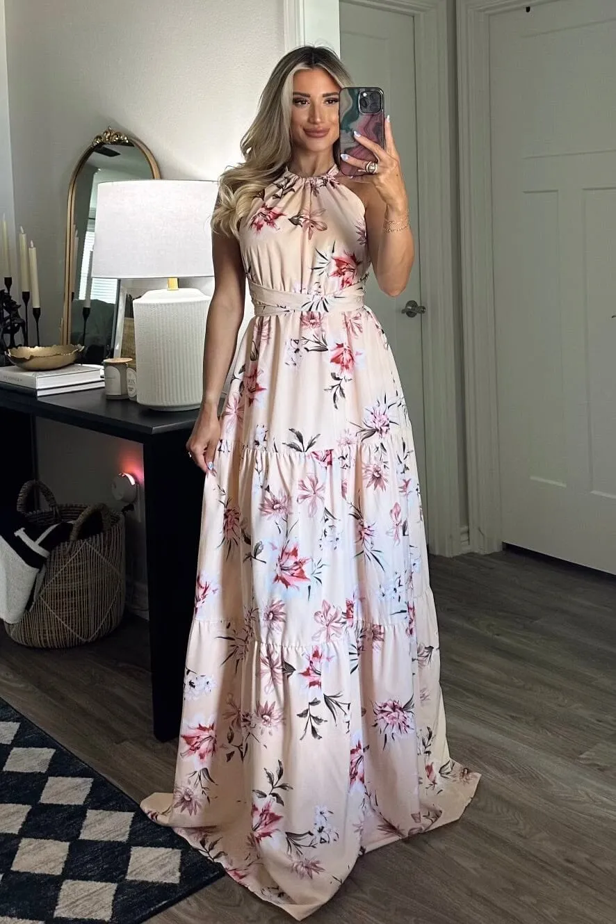Giving Me Butterflies Floral Wrap Maxi Dress: Peach sold by Bella and Bloom