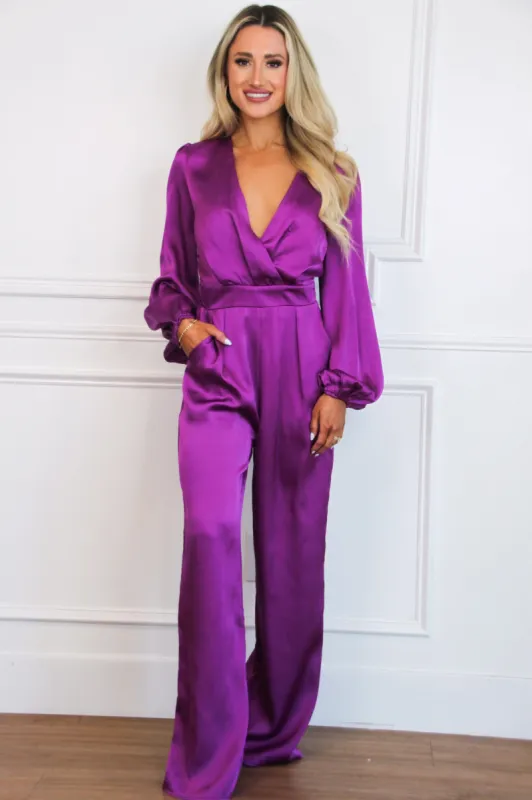 Hattie V Neck Satin Jumpsuit: Orchid sold by Bella and Bloom