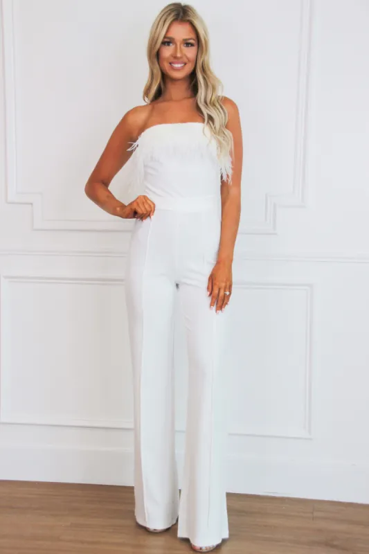 Memory Lane Feather Jumpsuit: White sold by Bella and Bloom