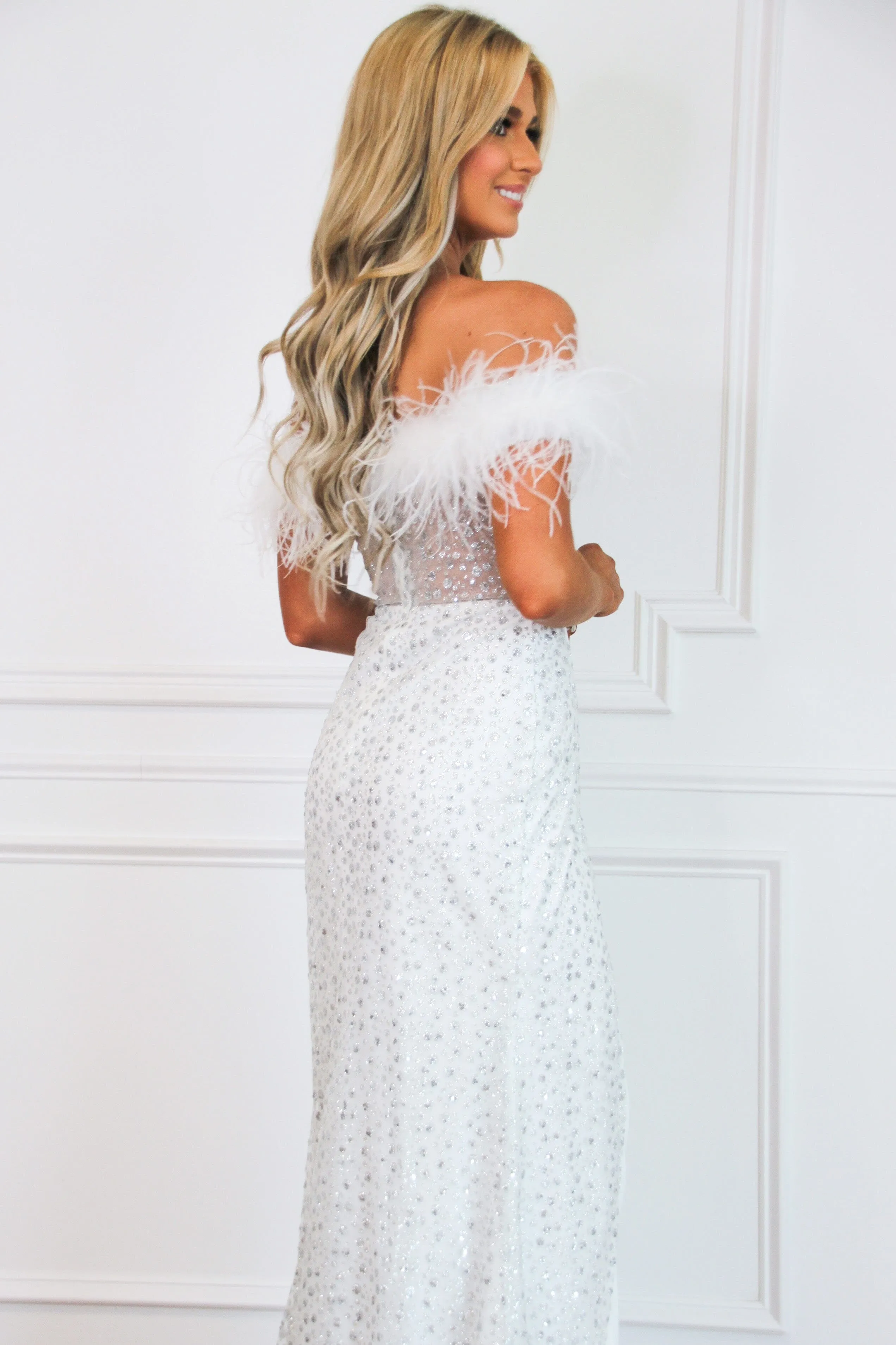 Tiara Feather Sparkly Polka Dot Formal Dress: White/Silver sold by Bella and Bloom product image thumbnail 3