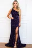Gianna One Shoulder Open Back Sequin Formal Dress: Purple sold by Bella and Bloom