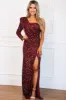 Dare to Dream One Shoulder Sequin Maxi Dress: Burgundy/Gold Multi sold by Bella and Bloom