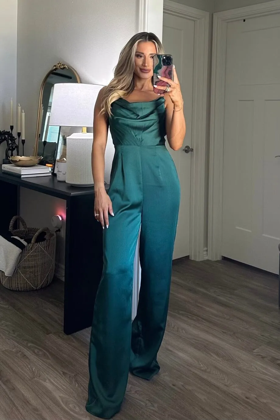 Know Your Worth Satin Jumpsuit: Emerald sold by Bella and Bloom