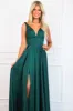 Remi Satin V-Neck Slit Formal Dress: Emerald sold by Bella and Bloom