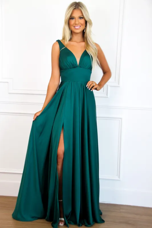 Remi Satin V-Neck Slit Formal Dress: Emerald sold by Bella and Bloom