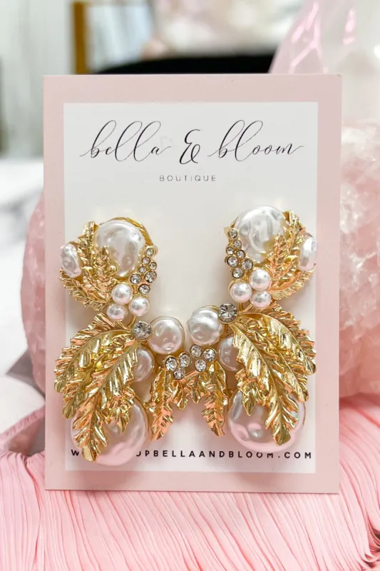 Reina Pearl Earrings: Gold sold by Bella and Bloom