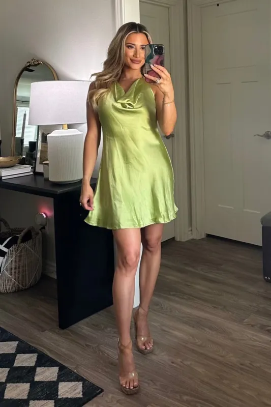 Share My Heart Satin Cowl Neck Halter Dress: Lime sold by Bella and Bloom
