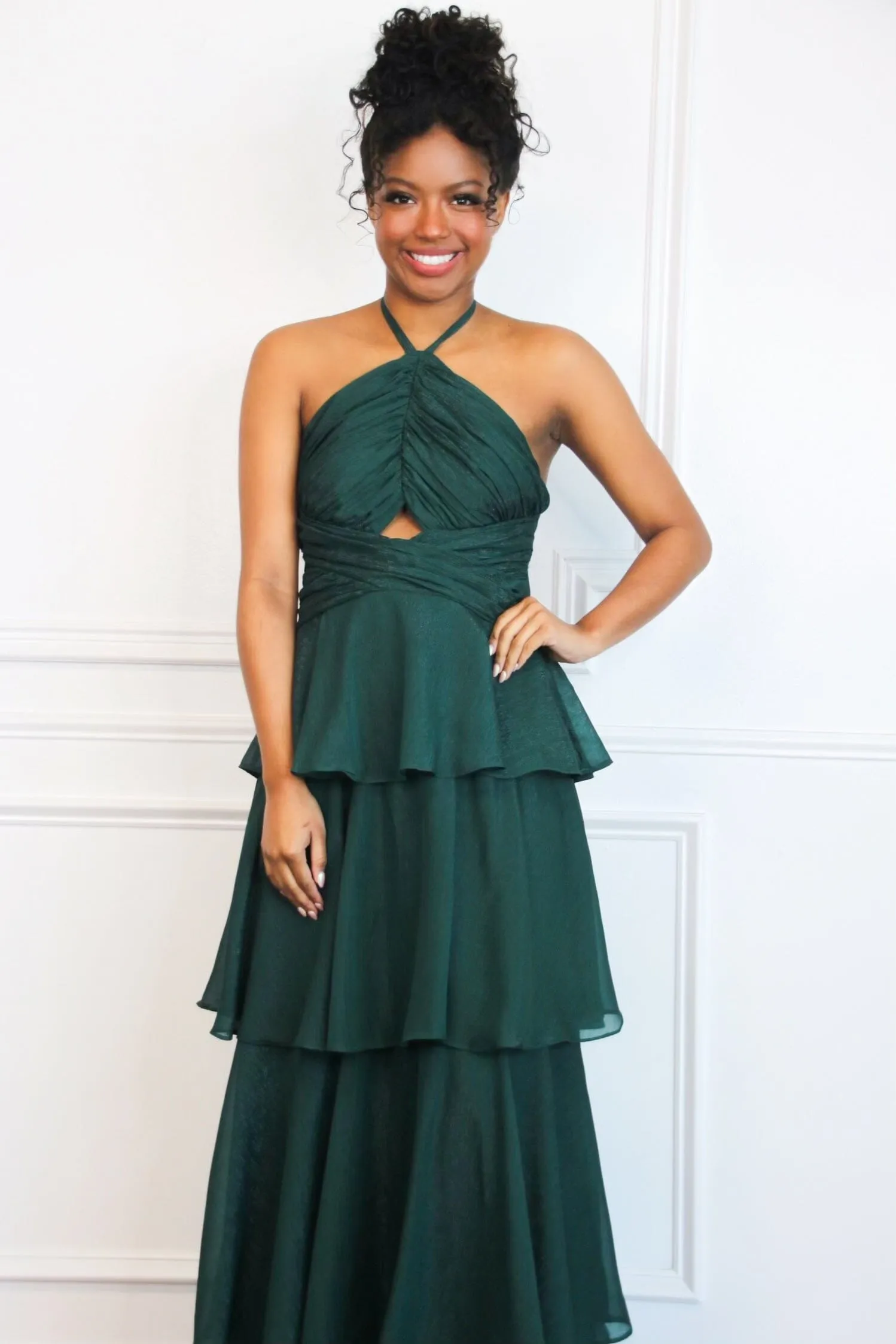 Gabriela High Neck Tiered Ruffle Shimmer Maxi Dress: Hunter Green sold by Bella and Bloom product image thumbnail 2