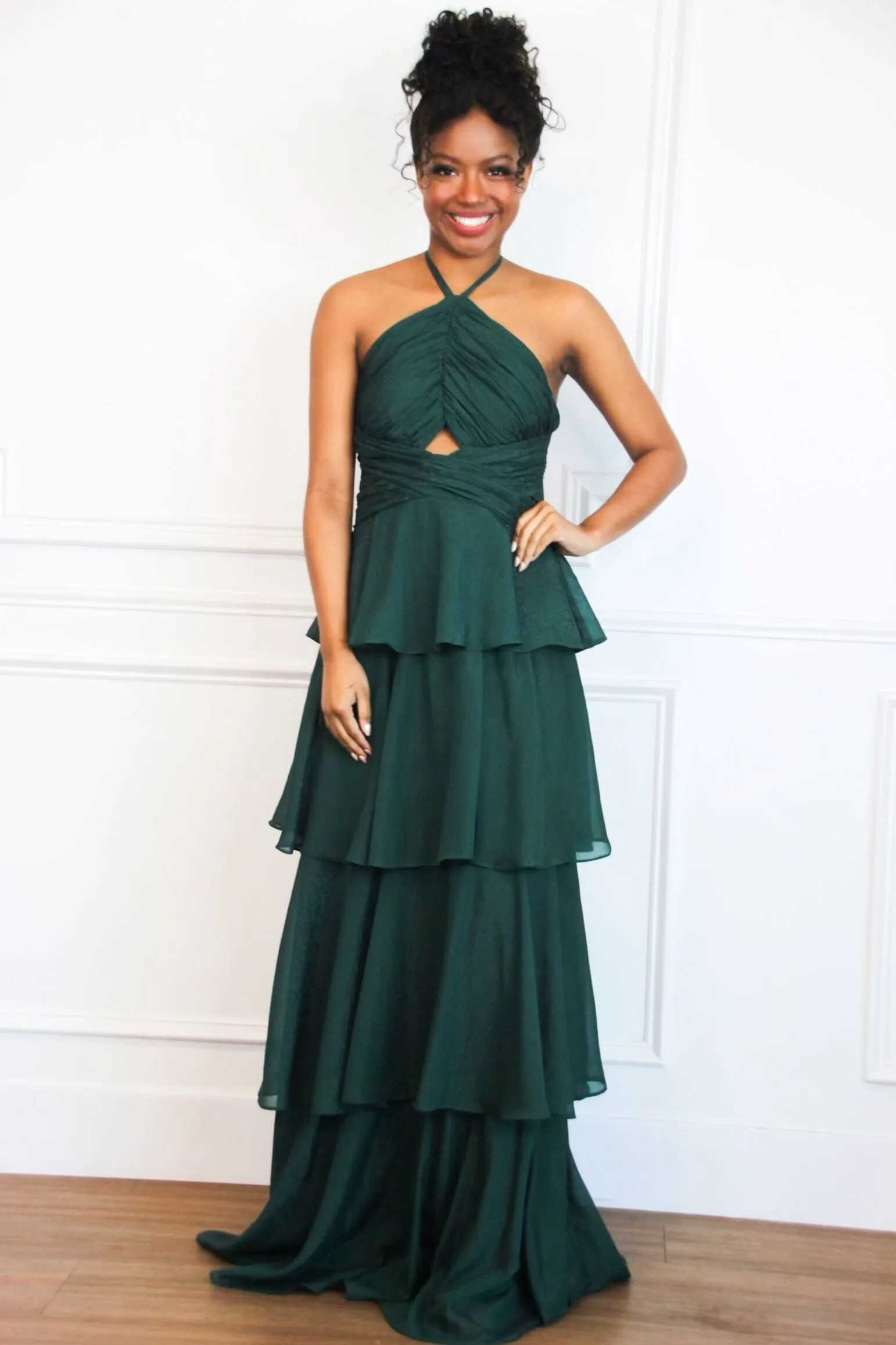 Gabriela High Neck Tiered Ruffle Shimmer Maxi Dress: Hunter Green sold by Bella and Bloom