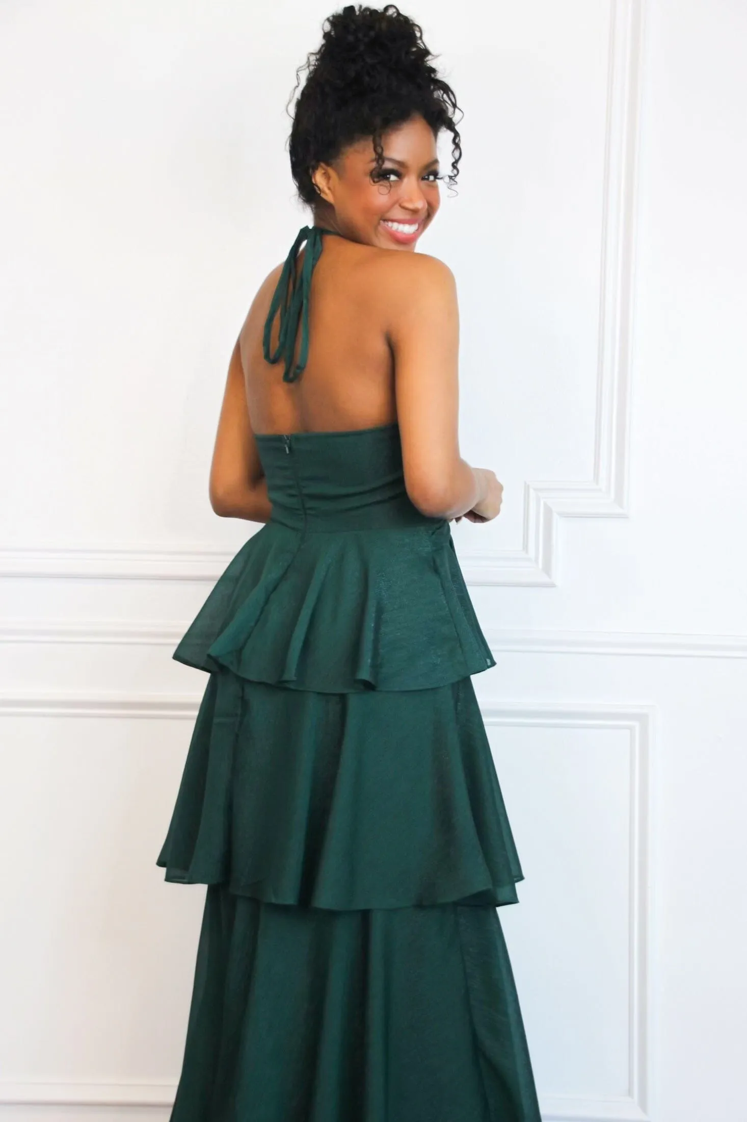 Gabriela High Neck Tiered Ruffle Shimmer Maxi Dress: Hunter Green sold by Bella and Bloom product image thumbnail 3