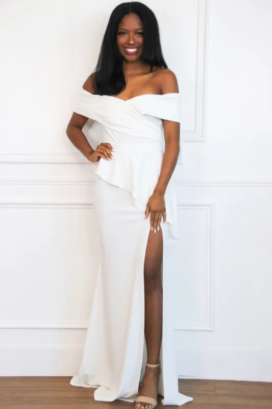 Reese Ruffle Off Shoulder Maxi Dress: White sold by Bella and Bloom
