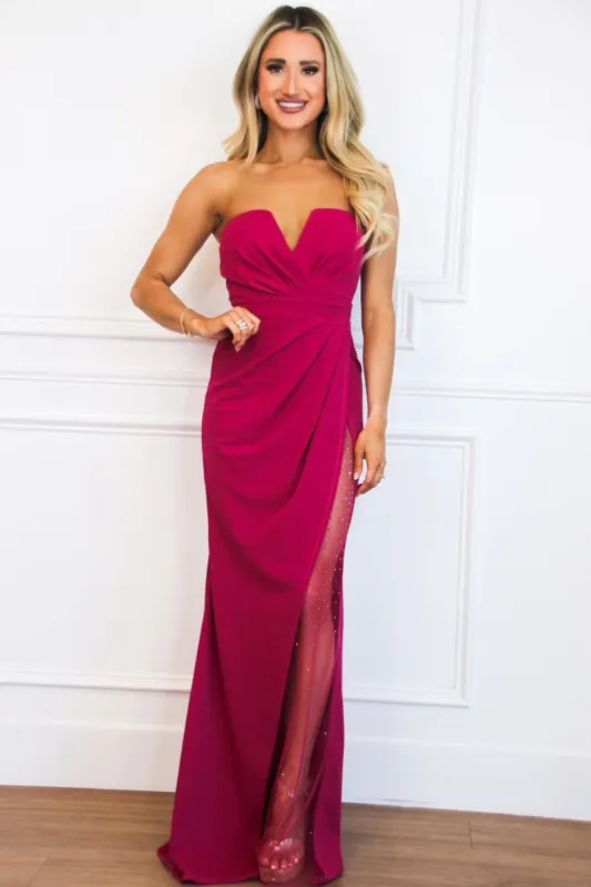 Lala Strapless Embellished Slit Maxi Dress: Magenta sold by Bella and Bloom
