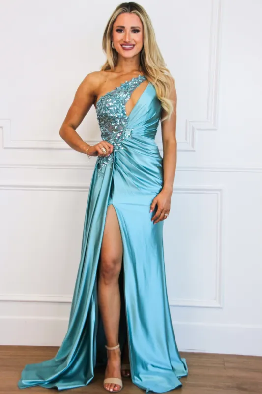Veda One Shoulder Embellished Satin Slit Formal Dress: Robin Blue sold by Bella and Bloom
