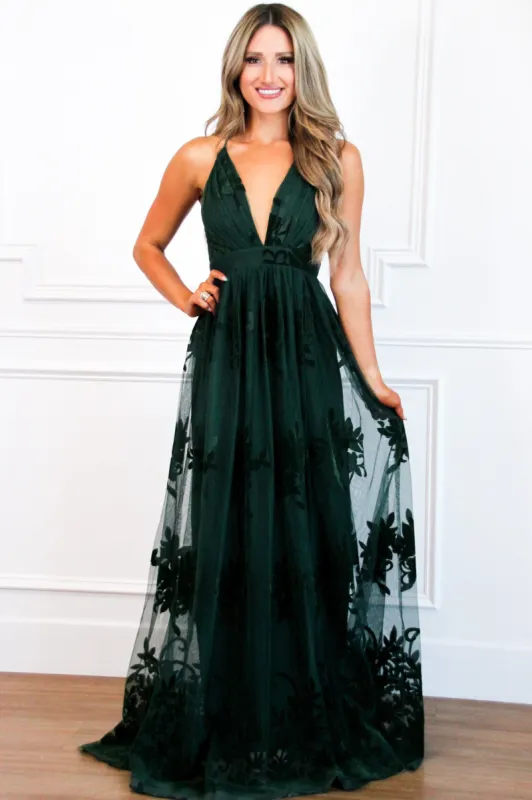 Here Comes the Bride Maxi Dress: Hunter Green sold by Bella and Bloom