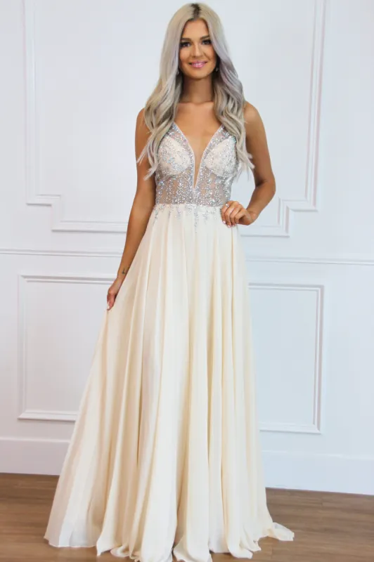 Sparkle in the Night Nude Illusion Formal Dress: Champagne sold by Bella and Bloom
