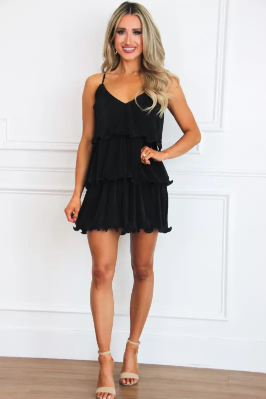 Spencer Pleated Tiered Ruffle Dress: Black sold by Bella and Bloom