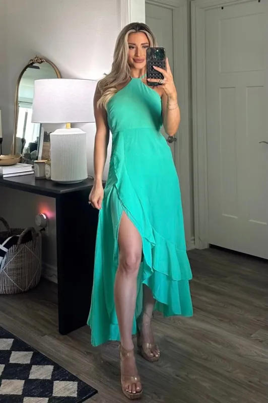 Heather High Neck Ruffle Maxi Dress: Spearmint Green sold by Bella and Bloom