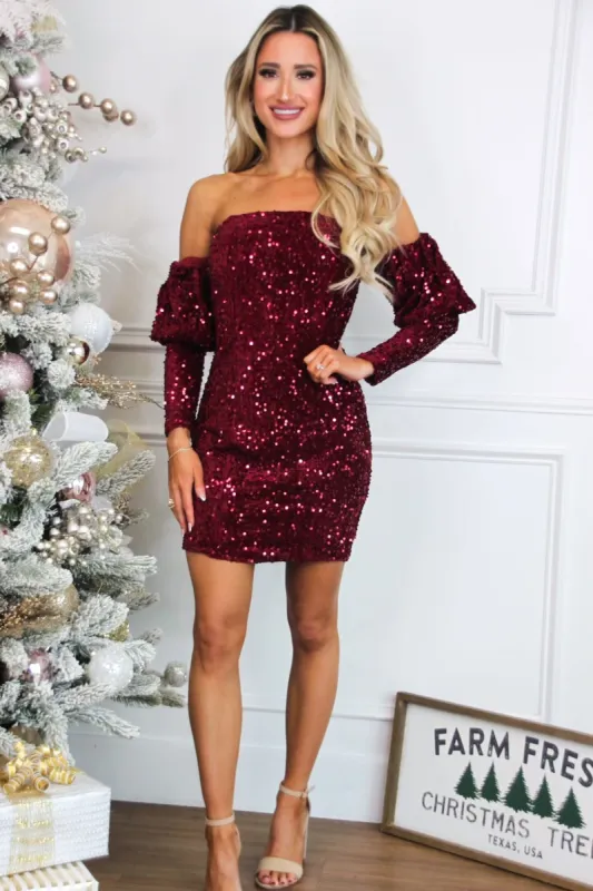 Veronica Off Shoulder Sequin Dress: Wine sold by Bella and Bloom