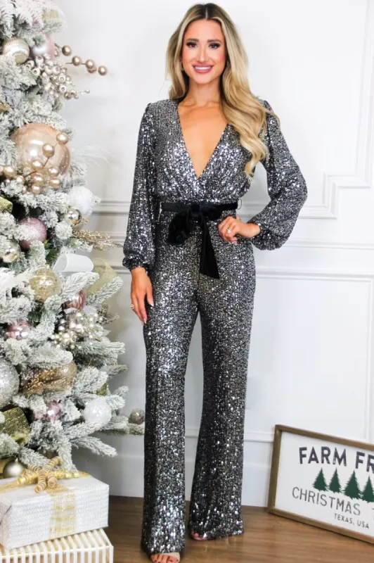 Walker Sequin Long Sleeve Jumpsuit: Gunmetal sold by Bella and Bloom