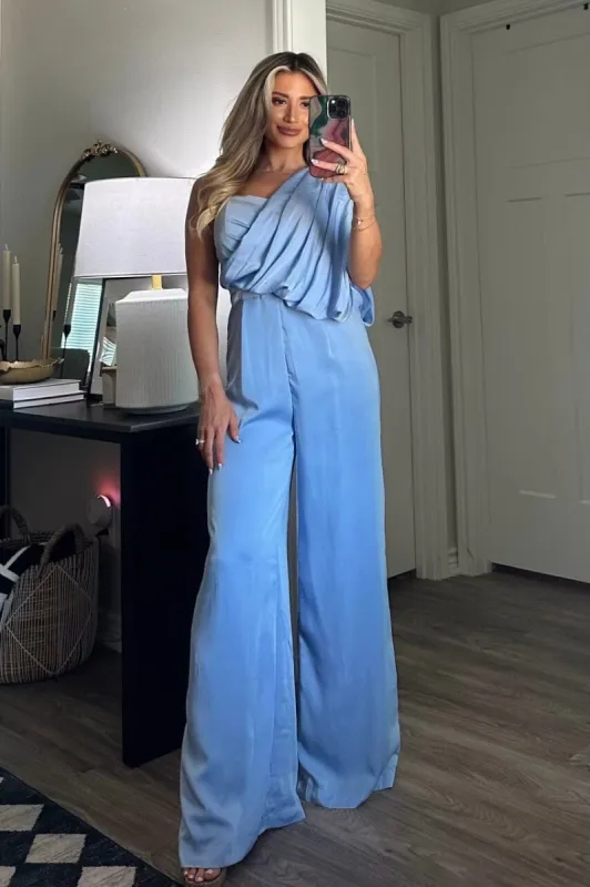 Swept Up in Your Love One Shoulder Jumpsuit: Periwinkle sold by Bella and Bloom