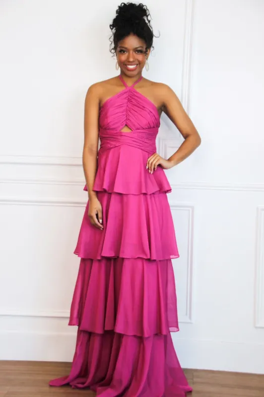 Gabriela High Neck Tiered Ruffle Shimmer Maxi Dress: Magenta sold by Bella and Bloom