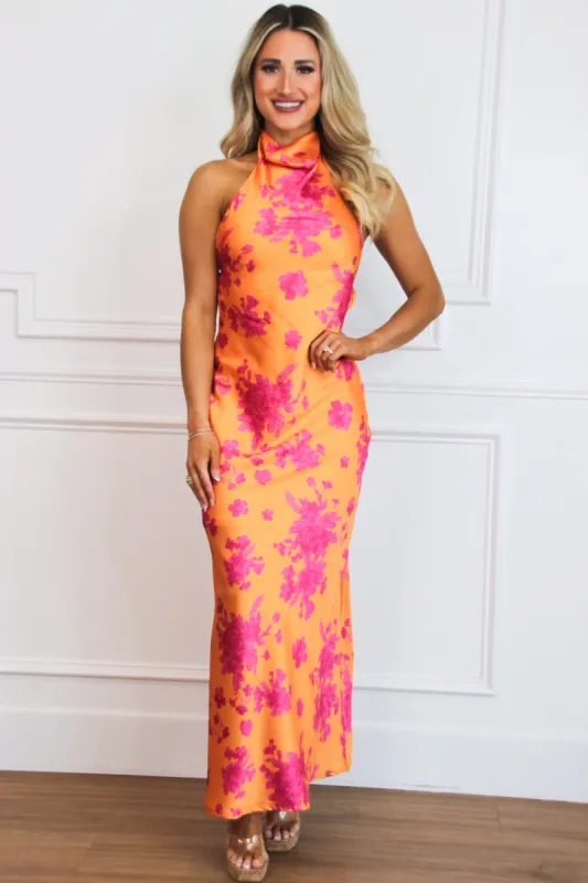 In the Garden Floral High Neck Maxi Dress: Orange/Fuchsia sold by Bella and Bloom