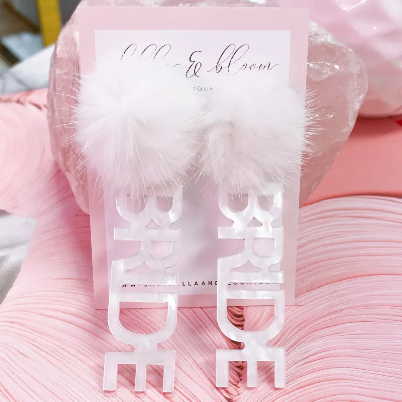 Fuzzy BRIDE Earrings: Mother of Pearl/White sold by Bella and Bloom