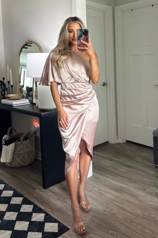 Back to You One Shoulder Midi Dress: Ballet Slipper Blush sold by Bella and Bloom