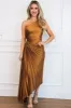 Novelle One Shoulder Pleated Asymmetrical Maxi Dress: Golden Ochre Rust sold by Bella and Bloom