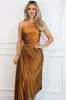 Novelle One Shoulder Pleated Asymmetrical Maxi Dress: Golden Ochre Rust sold by Bella and Bloom