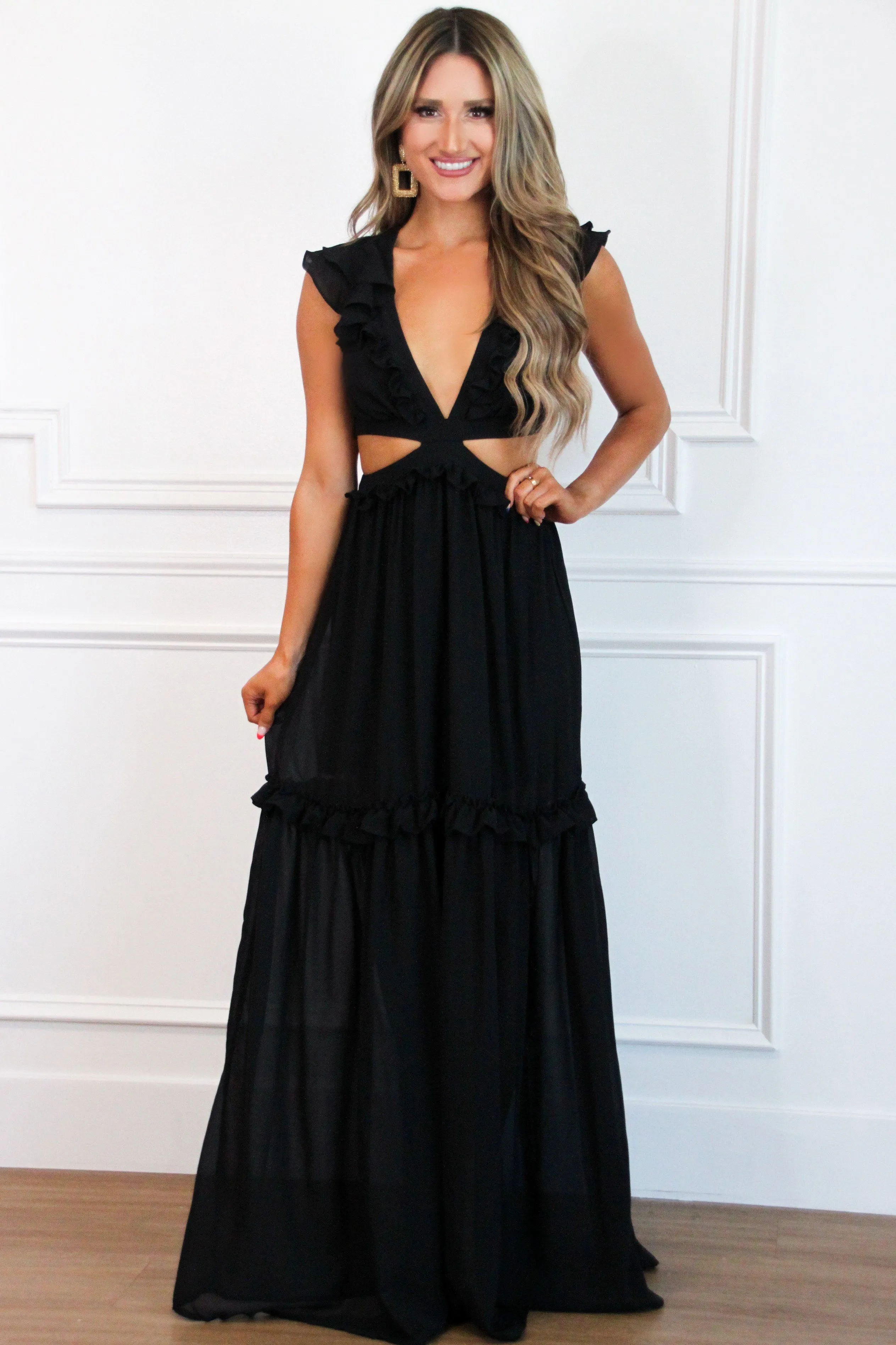 Leave You With a Smile Flutter Sleeve Maxi Dress: Black sold by Bella and Bloom