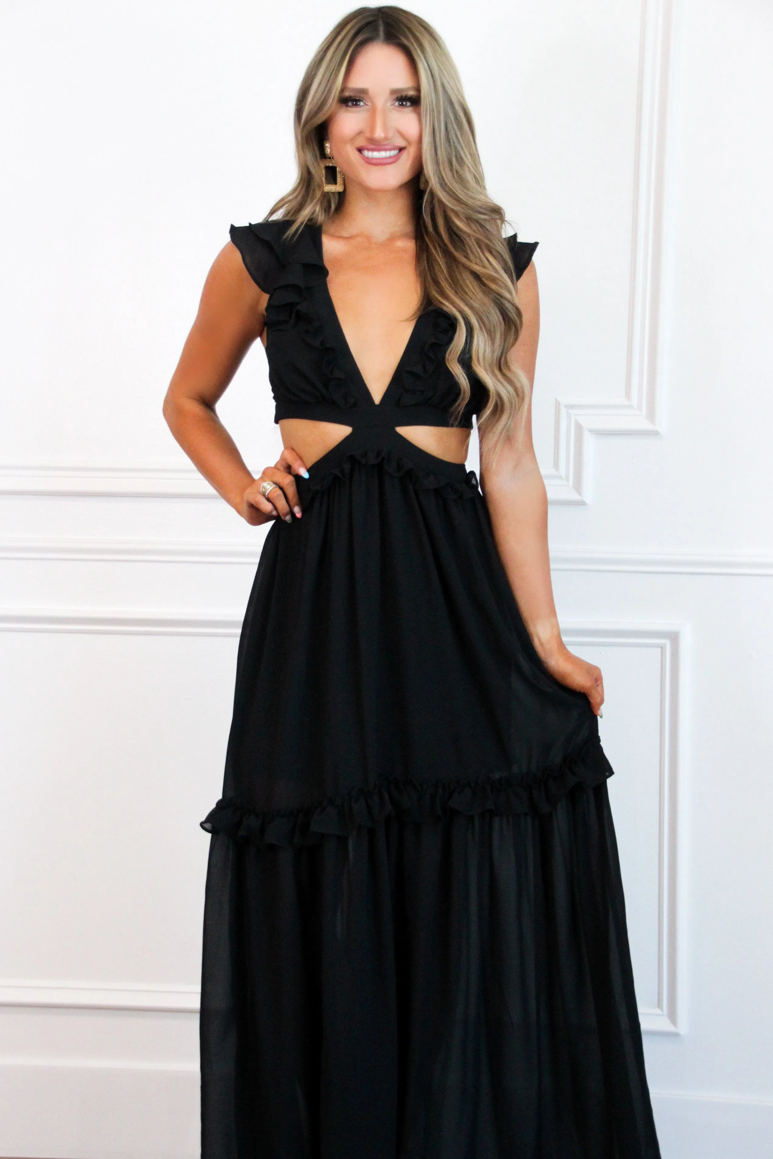Leave You With a Smile Flutter Sleeve Maxi Dress: Black sold by Bella and Bloom product image thumbnail 4