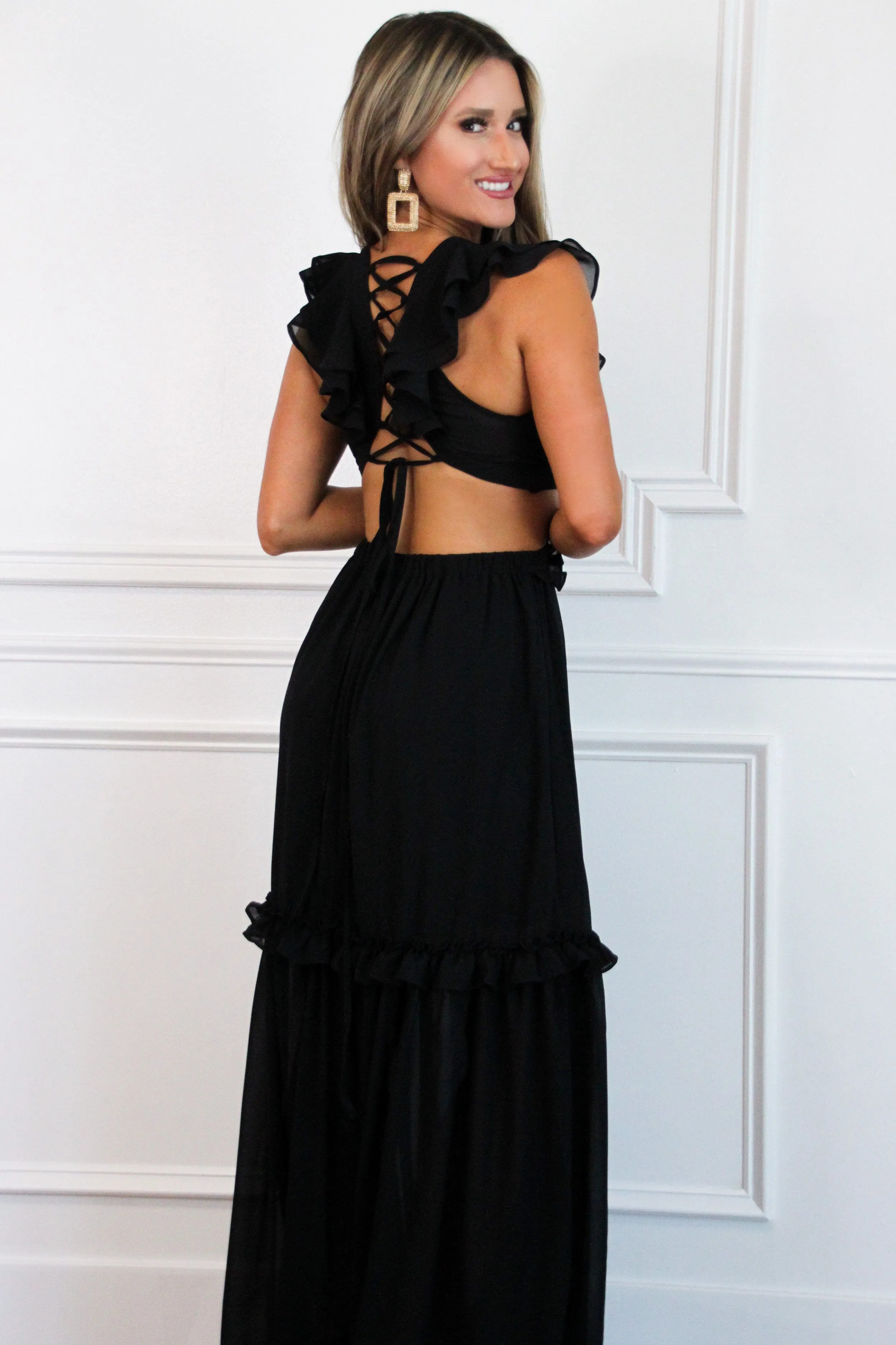 Leave You With a Smile Flutter Sleeve Maxi Dress: Black sold by Bella and Bloom product image thumbnail 3