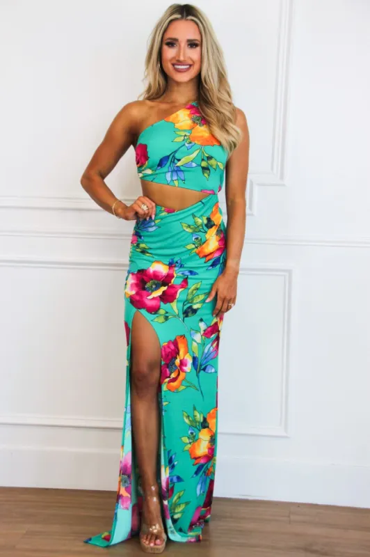Ava Cutout One Shoulder Maxi Dress: Jade Green FLORAL sold by Bella and Bloom