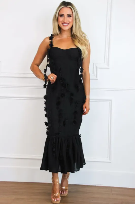 Rosie Floral Applique Bustier Ruffle Midi Dress: Black sold by Bella and Bloom