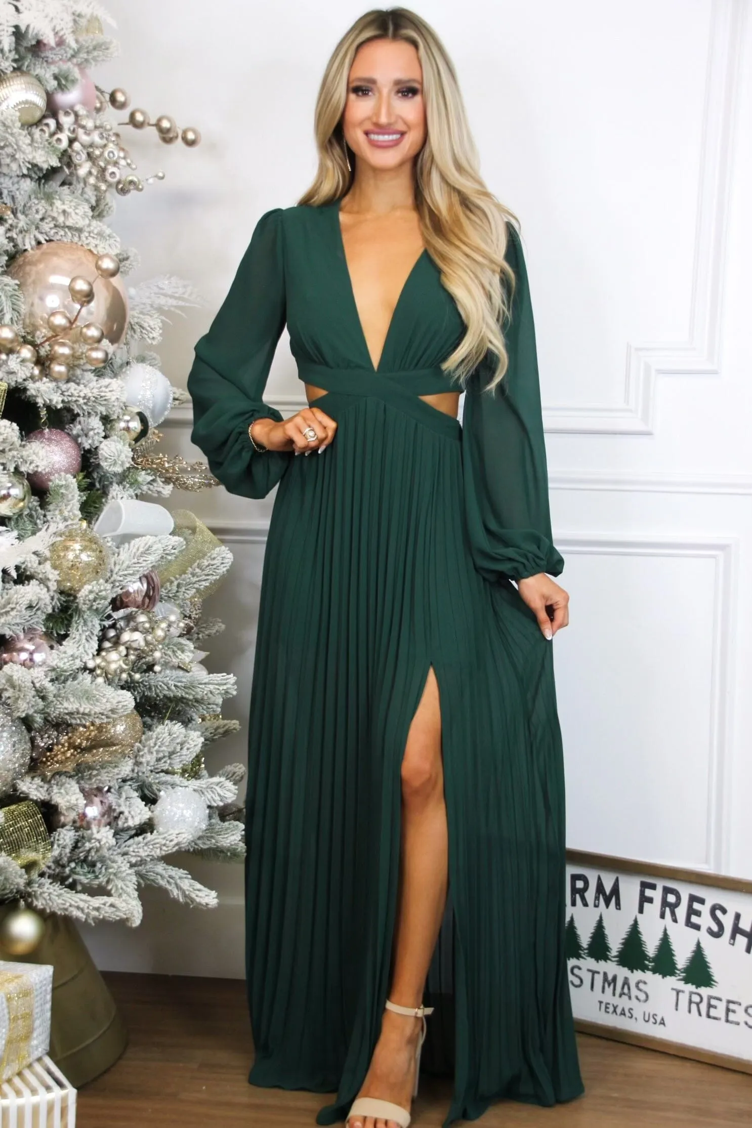 Pleated Perfection Cutout Maxi Dress: Emerald sold by Bella and Bloom