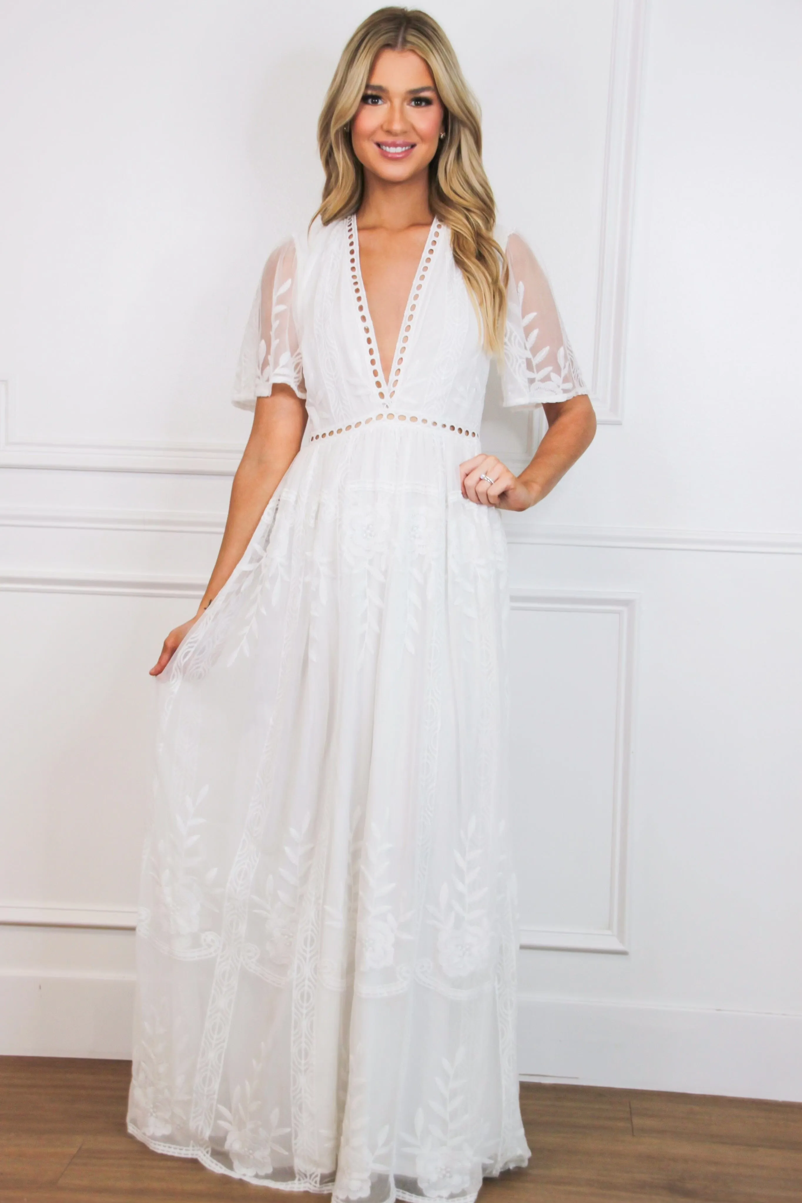 Running on Love Short Sleeve Lace Maxi Dress: White sold by Bella and Bloom
