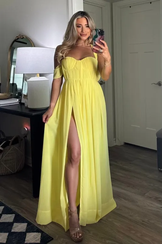 She's a Dream Chiffon Maxi Dress: Bright Yellow sold by Bella and Bloom