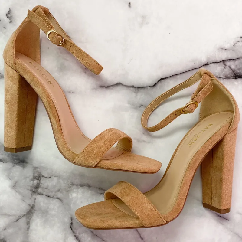 Shayleigh Suede Block Heels: Taupe sold by Bella and Bloom