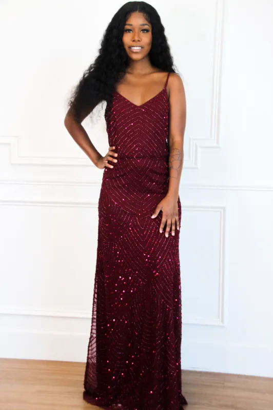 Fall Into You Beaded Formal Dress: BURGUNDY sold by Bella and Bloom