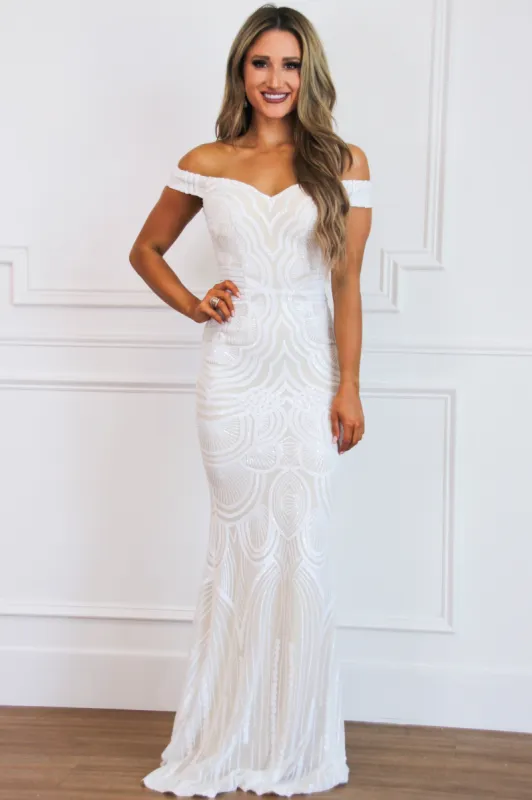 Have My Heart Sequin Maxi Dress: White/Nude sold by Bella and Bloom