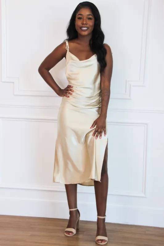 Racing Hearts Satin Midi Dress: GOLDEN Champagne sold by Bella and Bloom