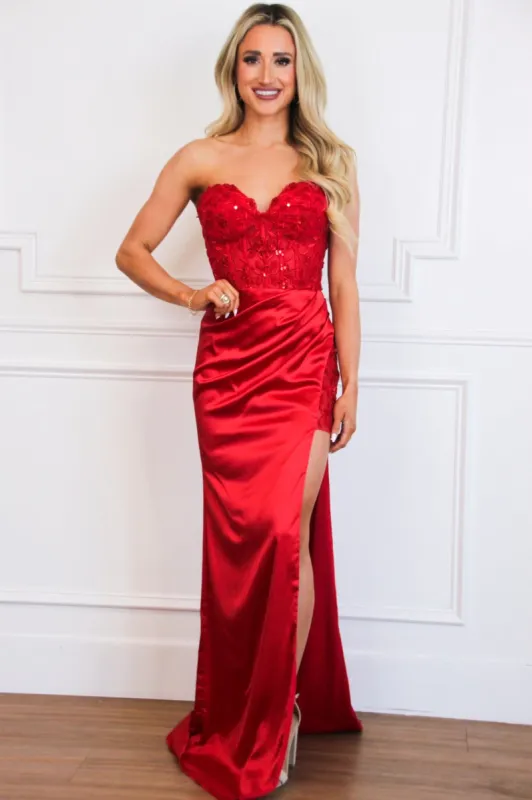 Sutton Satin Lace Bustier Slit Formal Dress: Red sold by Bella and Bloom