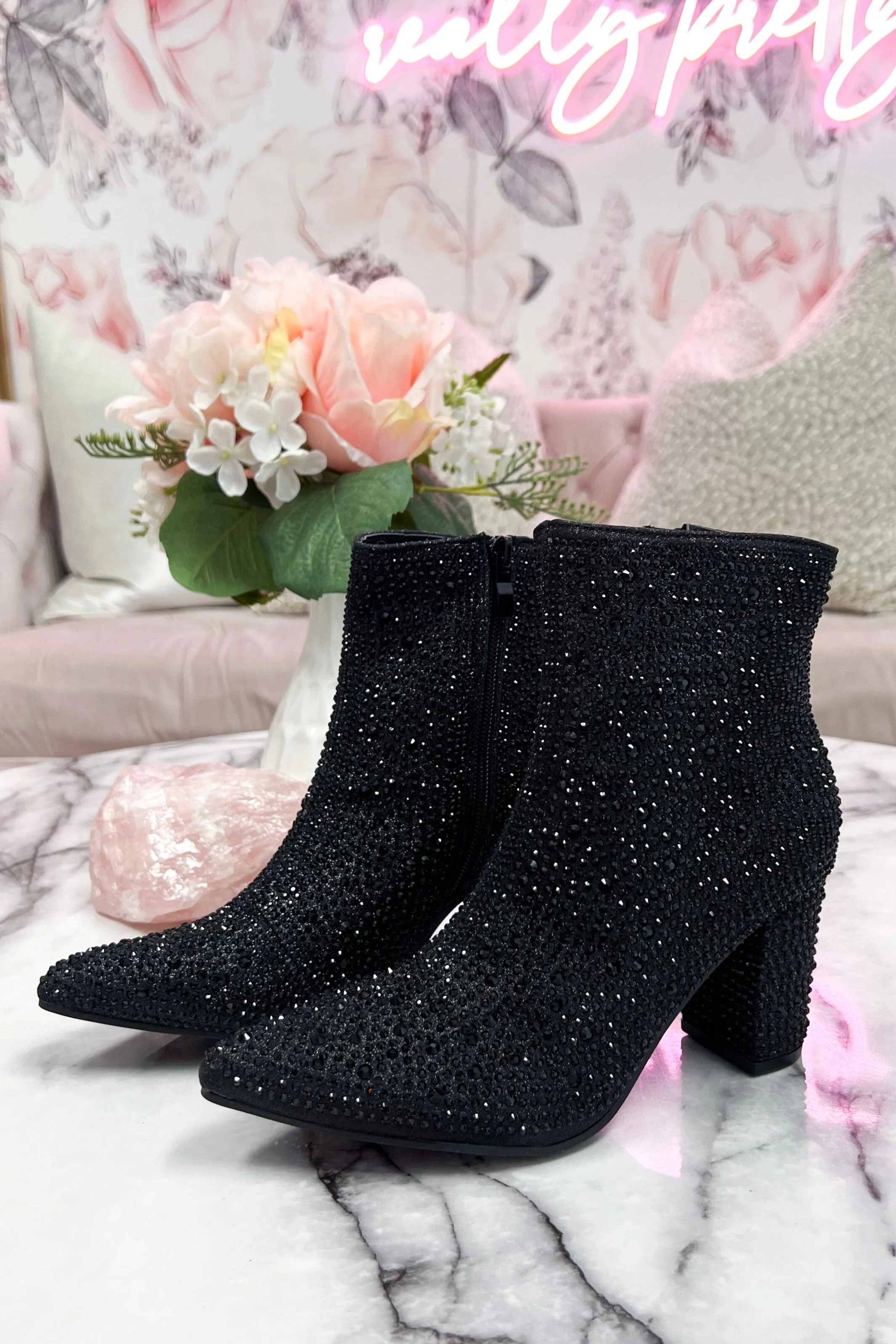 Taylor Sparkly Rhinestone Embellished Booties: Black sold by Bella and Bloom