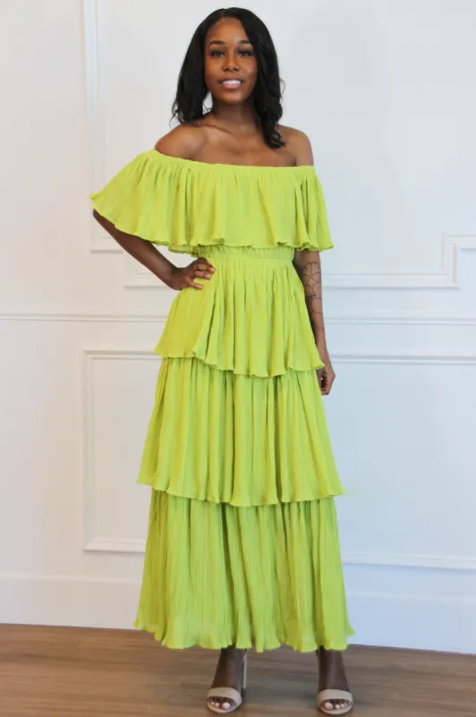 Tiered Beauty Midi Dress: Chartreuse sold by Bella and Bloom