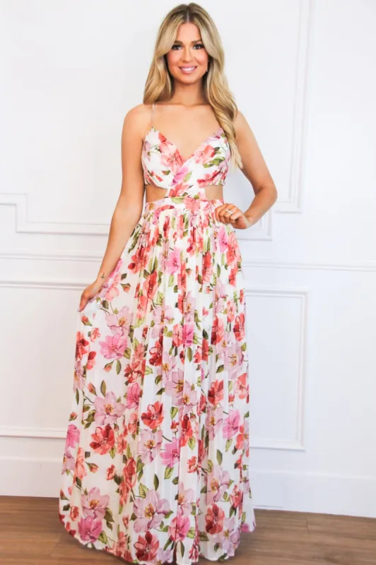 Beach Bliss Pleated Floral Maxi Dress: White Multi sold by Bella and Bloom