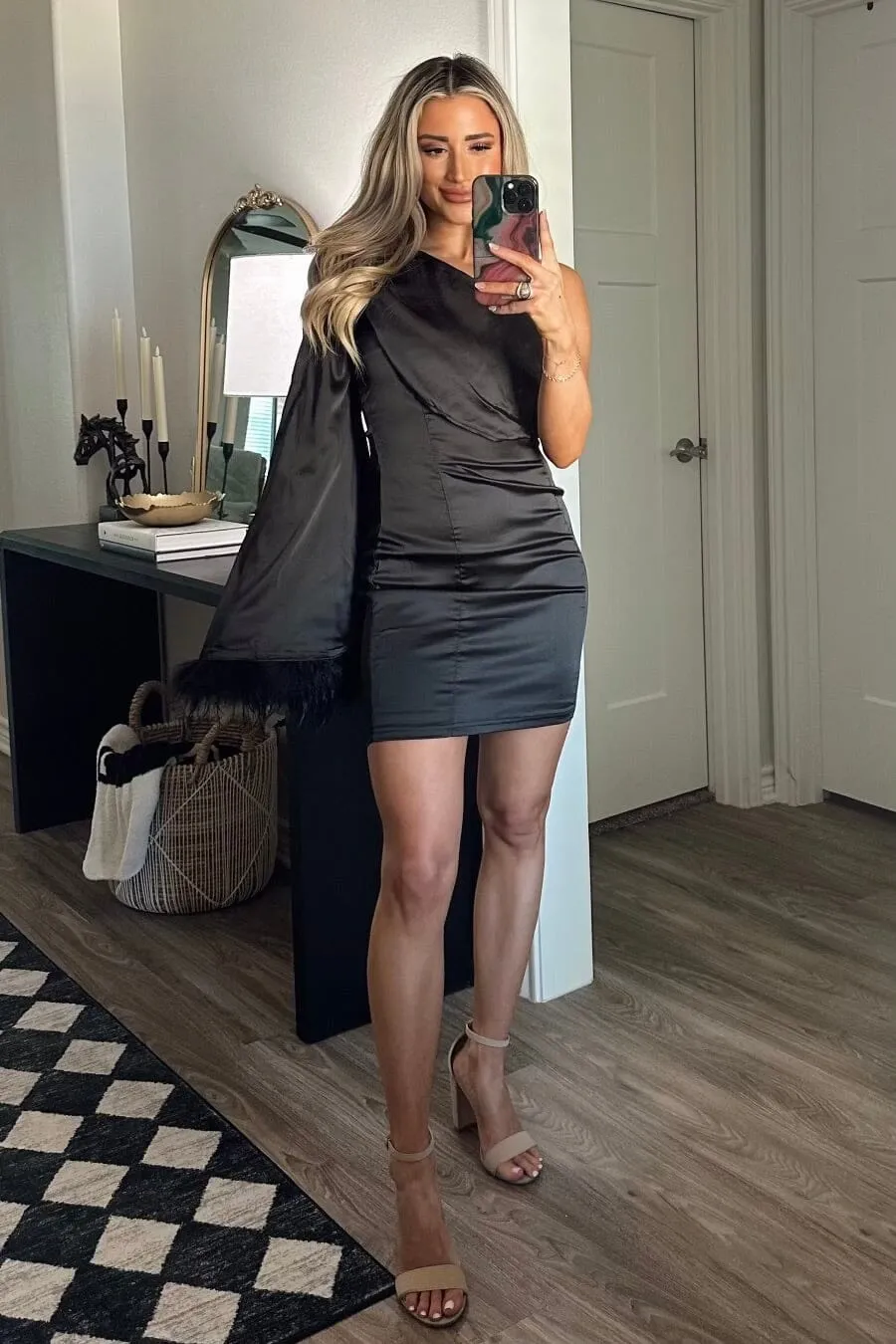 Alix One Shoulder Satin Feather Dress: Black sold by Bella and Bloom